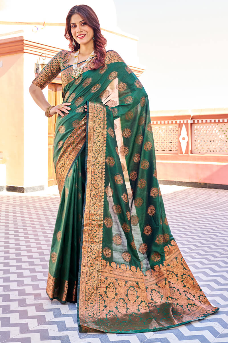 Blooming Dark Green Banarasi Silk Saree With Engrossing Blouse Piece - Colorful Saree