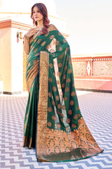 Blooming Dark Green Banarasi Silk Saree With Engrossing Blouse Piece - Colorful Saree