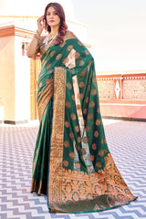 Blooming Dark Green Banarasi Silk Saree With Engrossing Blouse Piece - Colorful Saree