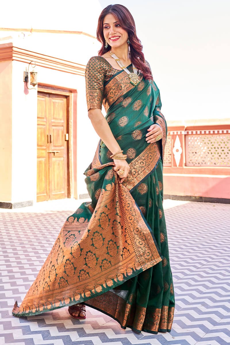 Blooming Dark Green Banarasi Silk Saree With Engrossing Blouse Piece - Colorful Saree