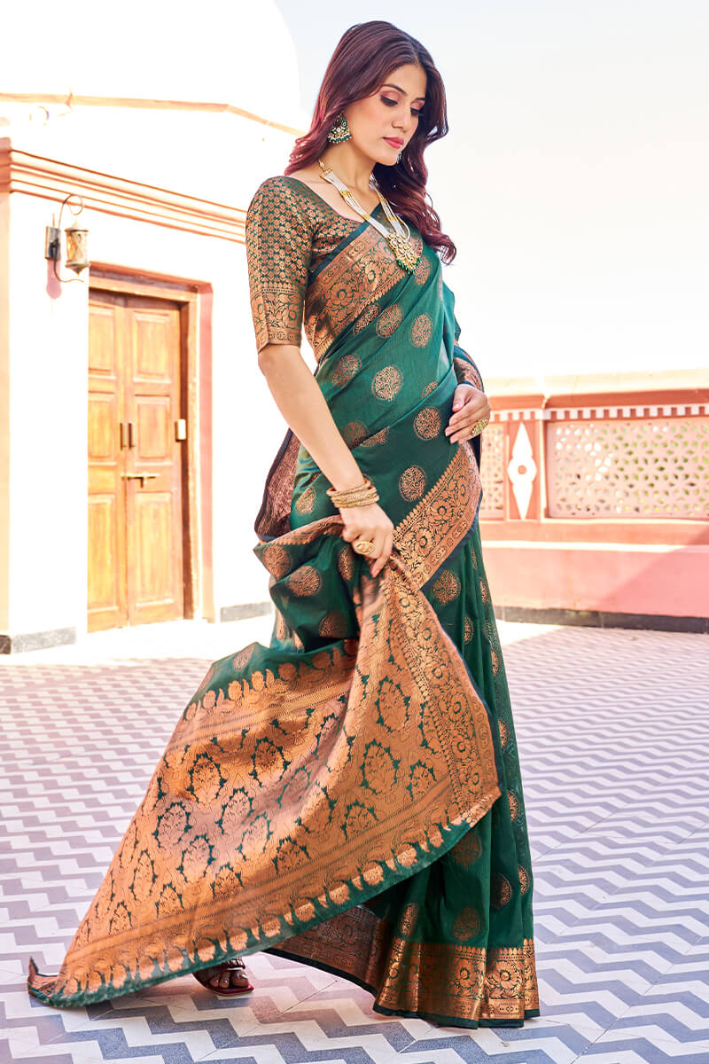 Blooming Dark Green Banarasi Silk Saree With Engrossing Blouse Piece - Colorful Saree