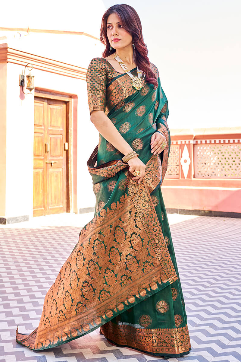 Blooming Dark Green Banarasi Silk Saree With Engrossing Blouse Piece - Colorful Saree