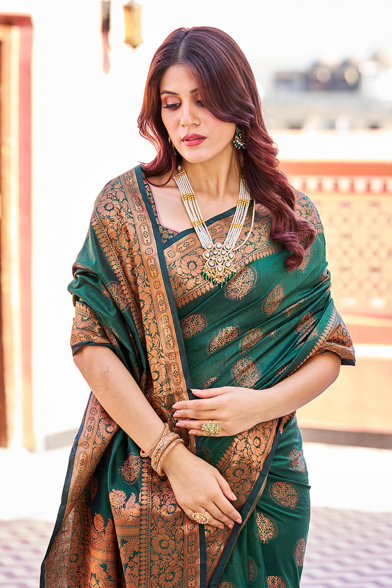 Blooming Dark Green Banarasi Silk Saree With Engrossing Blouse Piece - Colorful Saree