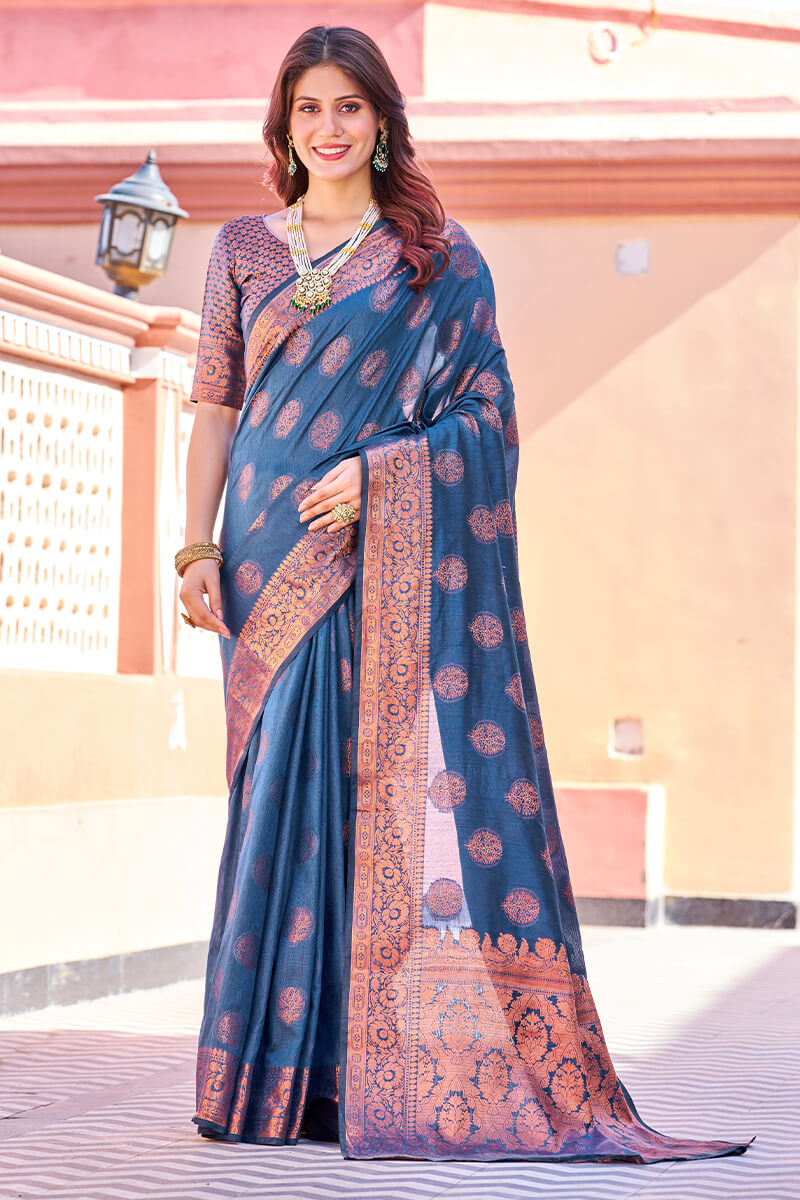 Opulent Navy Blue Banarasi Silk Saree With Majesty Blouse Piece - Colorful Saree