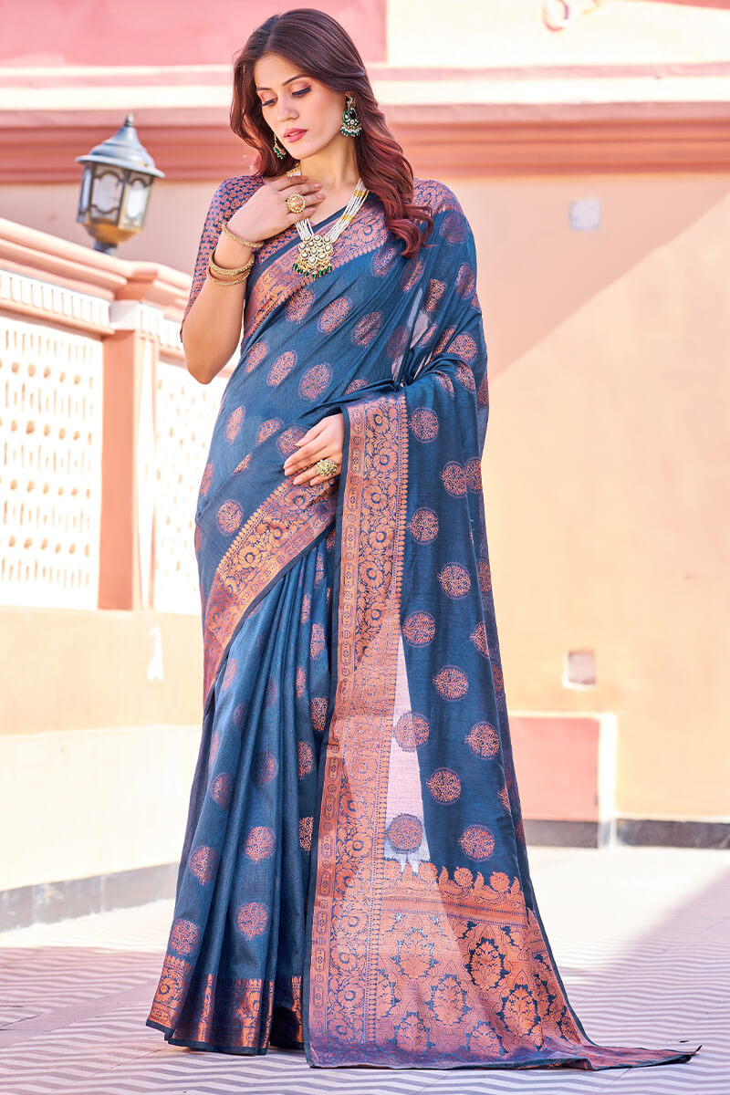 Opulent Navy Blue Banarasi Silk Saree With Majesty Blouse Piece - Colorful Saree