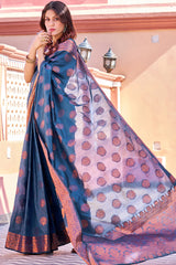 Opulent Navy Blue Banarasi Silk Saree With Majesty Blouse Piece - Colorful Saree