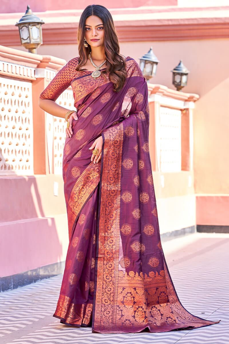 Flamboyant Purple Banarasi Silk Saree With Adorning Blouse Piece - Colorful Saree