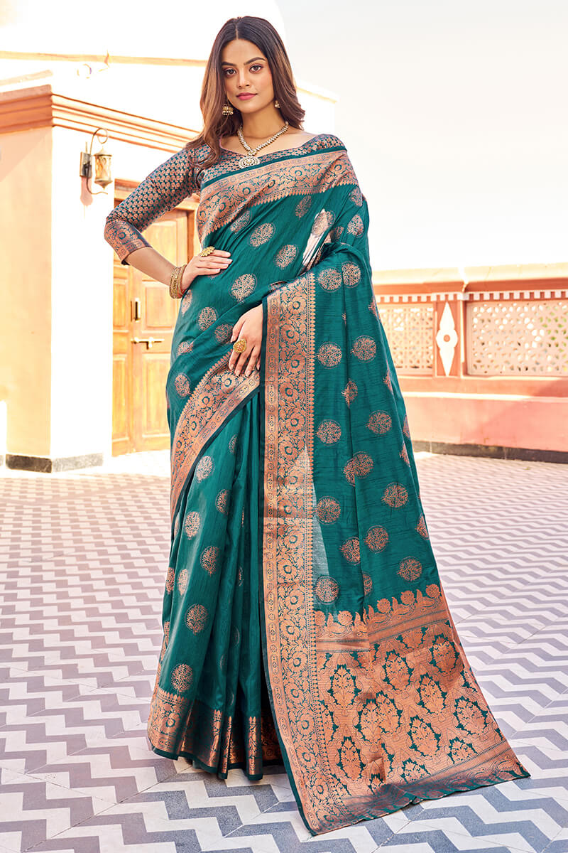 Flameboyant Rama Banarasi Silk Saree With Prettiest Blouse Piece - Colorful Saree