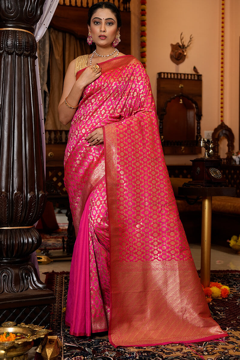 Stunning Dark Pink Kanjivaram Silk With Eloquence Blouse Piece - Colorful Saree