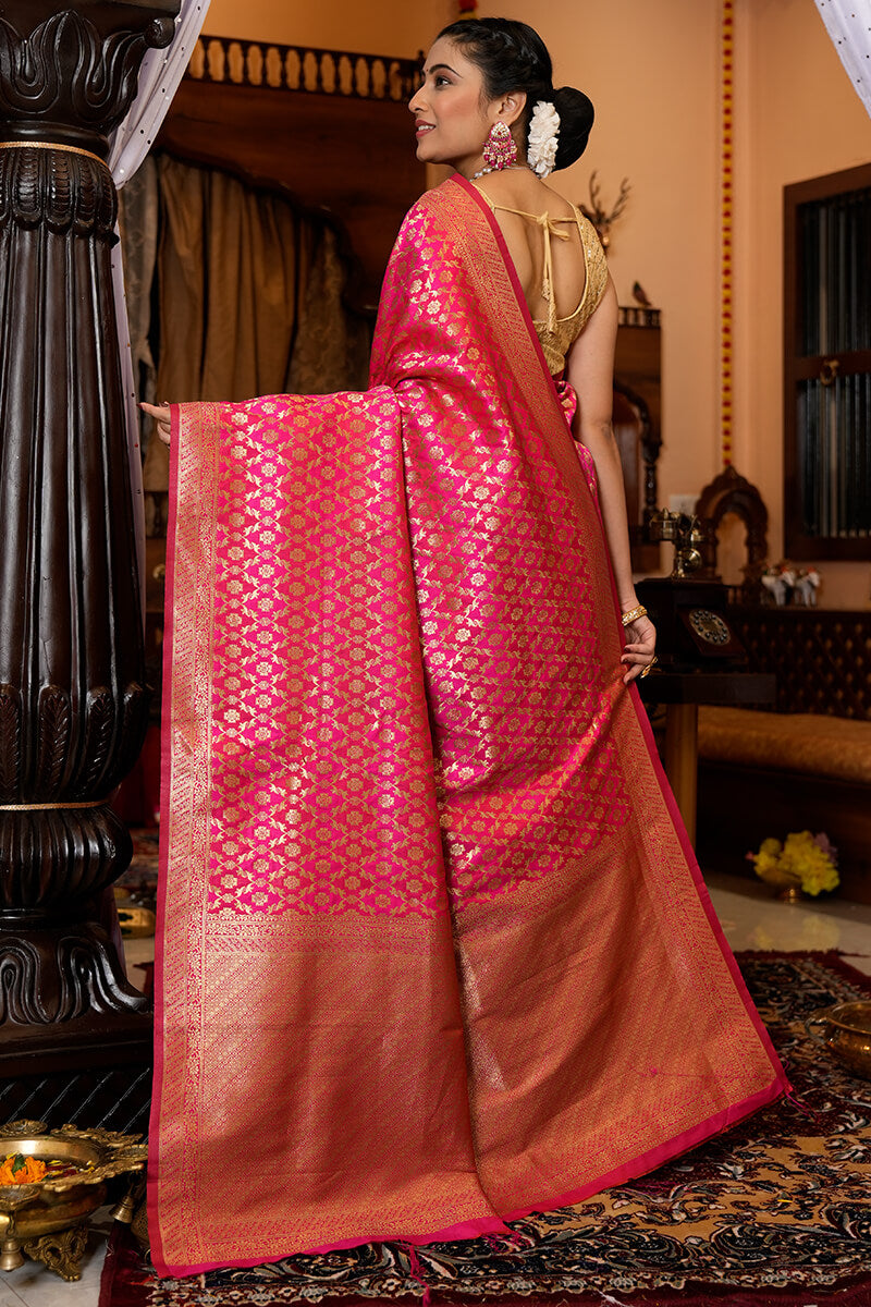 Stunning Dark Pink Kanjivaram Silk With Eloquence Blouse Piece - Colorful Saree