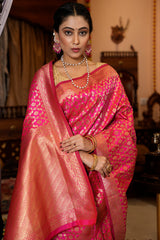 Stunning Dark Pink Kanjivaram Silk With Eloquence Blouse Piece - Colorful Saree