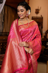 Stunning Dark Pink Kanjivaram Silk With Eloquence Blouse Piece - Colorful Saree