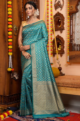 Elegant Firozi Kanjivaram Silk With Trendy Blouse Piece - Colorful Saree
