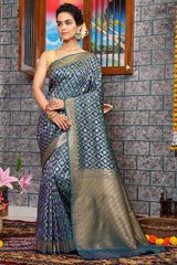 Gleaming Navy Blue Kanjivaram Silk With Ratatouille Blouse Piece - Colorful Saree