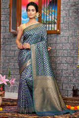 Gleaming Navy Blue Kanjivaram Silk With Ratatouille Blouse Piece - Colorful Saree