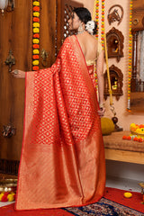 Gorgeous Red Kanjivaram Silk With Tempting Blouse Piece - Colorful Saree