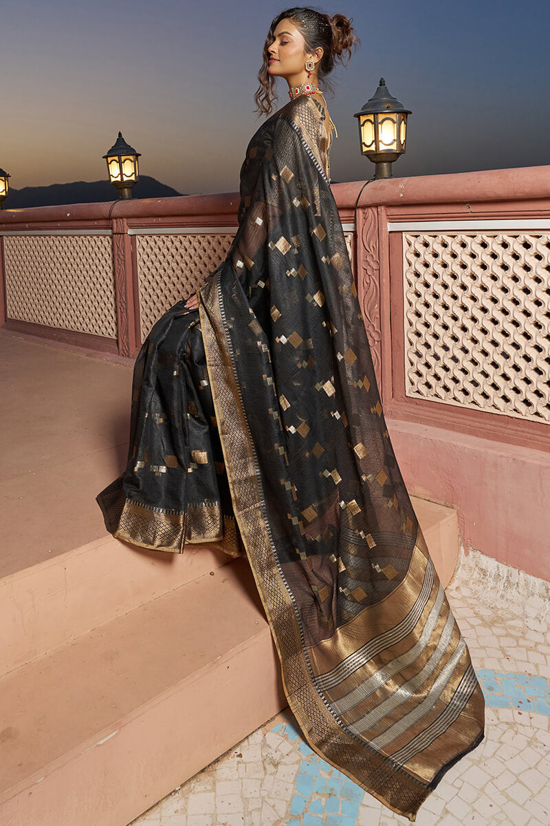 Transcendent Black Soft Silk Saree with Magnificat Blouse Piece - Colorful Saree