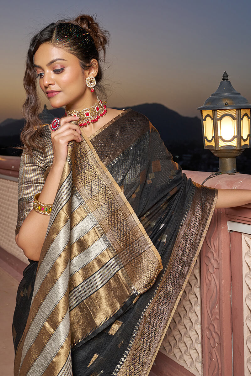 Transcendent Black Soft Silk Saree with Magnificat Blouse Piece - Colorful Saree