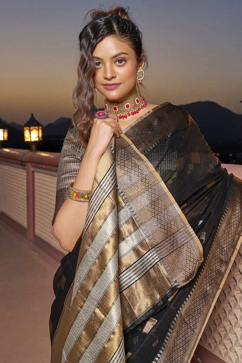 Transcendent Black Soft Silk Saree with Magnificat Blouse Piece - Colorful Saree