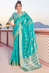 Glittering Turquoise Soft Silk Saree with Conflate Blouse Piece - Colorful Saree