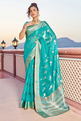 Glittering Turquoise Soft Silk Saree with Conflate Blouse Piece - Colorful Saree