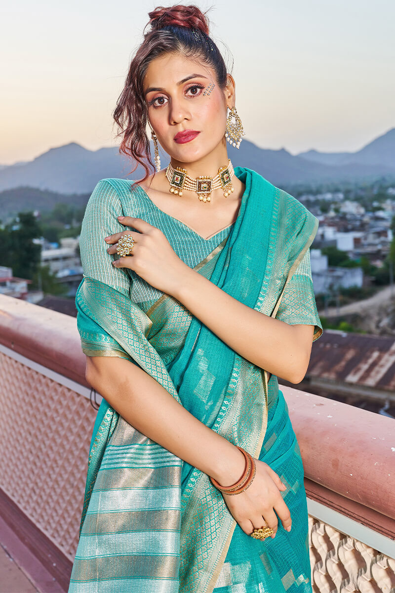 Glittering Turquoise Soft Silk Saree with Conflate Blouse Piece - Colorful Saree