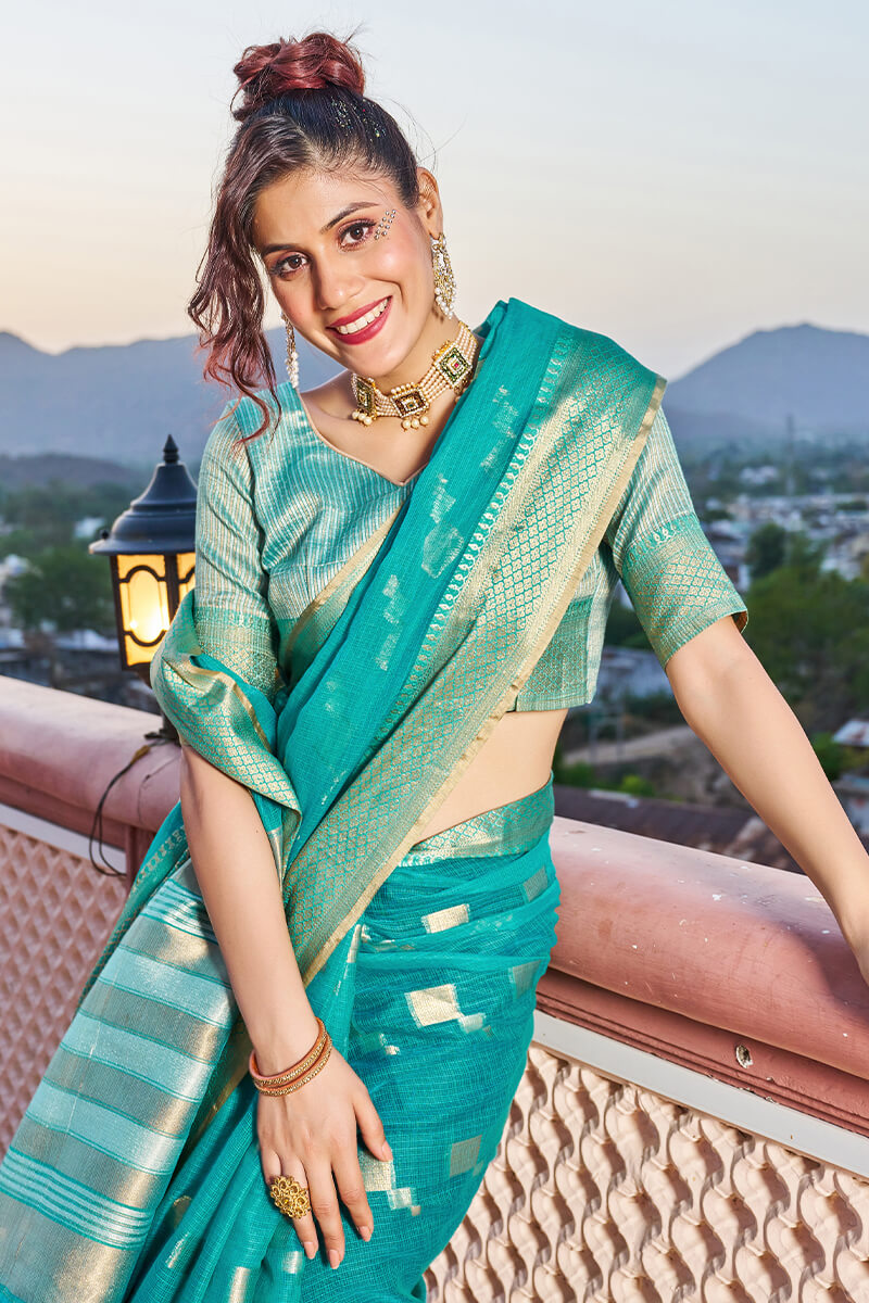 Glittering Turquoise Soft Silk Saree with Conflate Blouse Piece - Colorful Saree