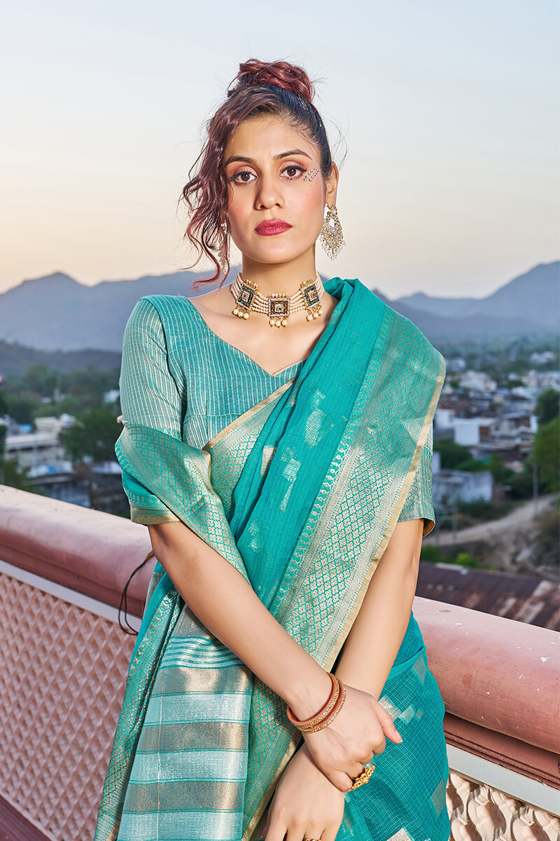 Glittering Turquoise Soft Silk Saree with Conflate Blouse Piece - Colorful Saree