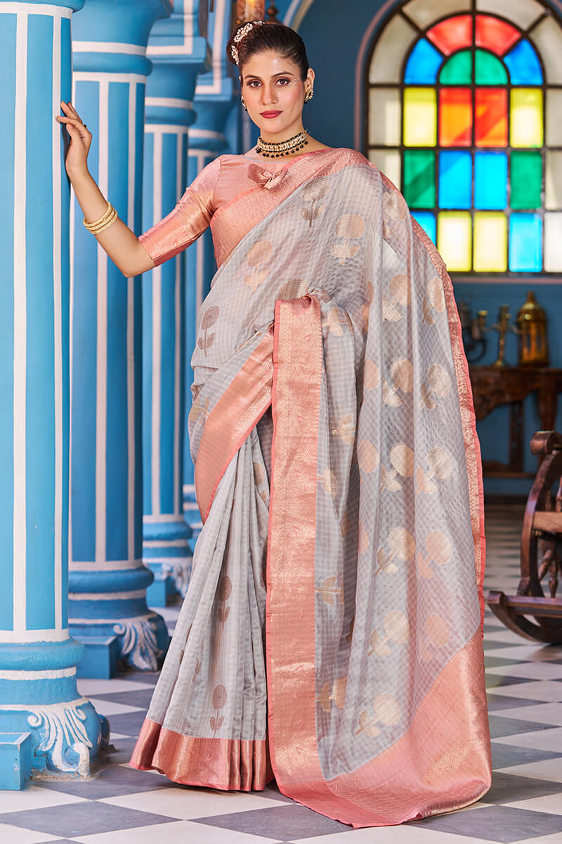 Magnetic Grey Organza Silk Saree With Confounding Blouse Piece - Colorful Saree