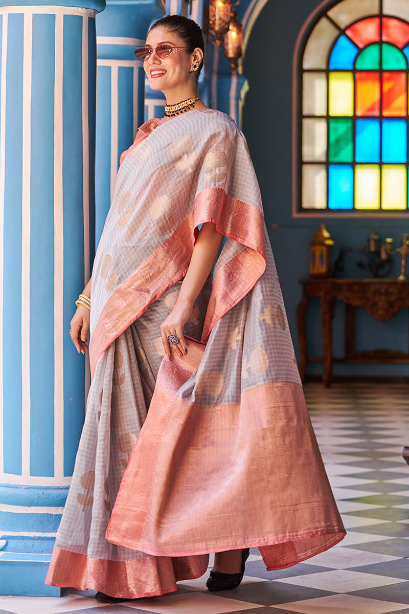 Magnetic Grey Organza Silk Saree With Confounding Blouse Piece - Colorful Saree