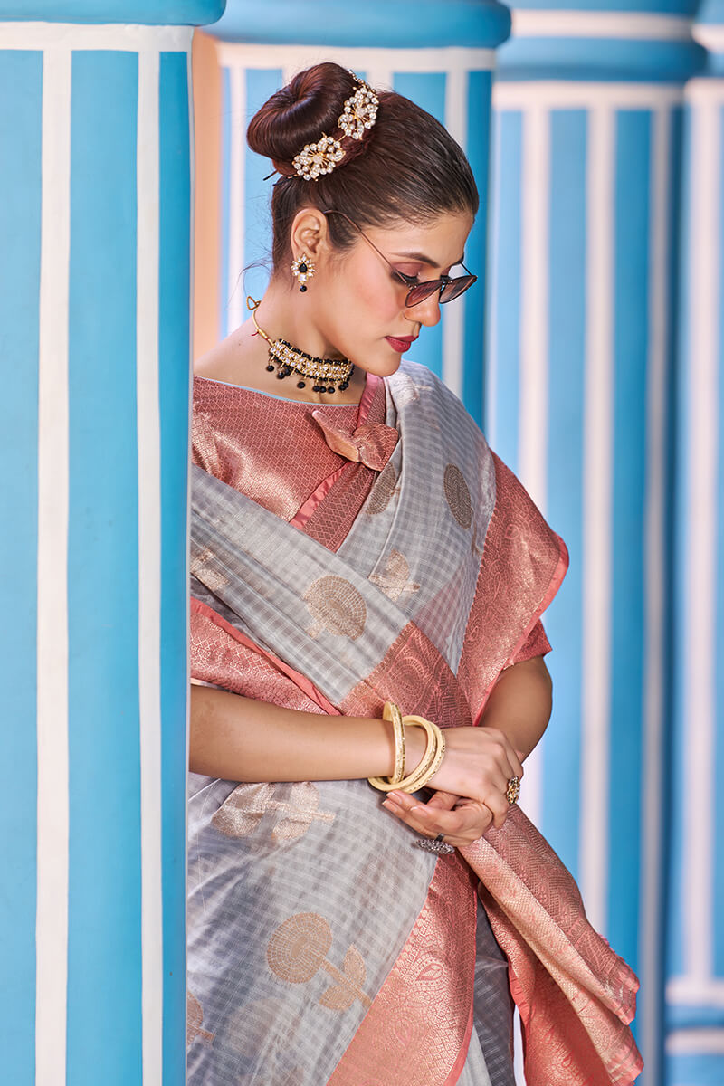 Magnetic Grey Organza Silk Saree With Confounding Blouse Piece - Colorful Saree