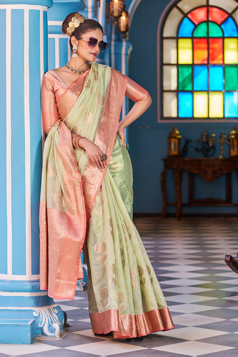 Splendiferous Pista Organza Silk Saree With Amiable Blouse Piece - Colorful Saree