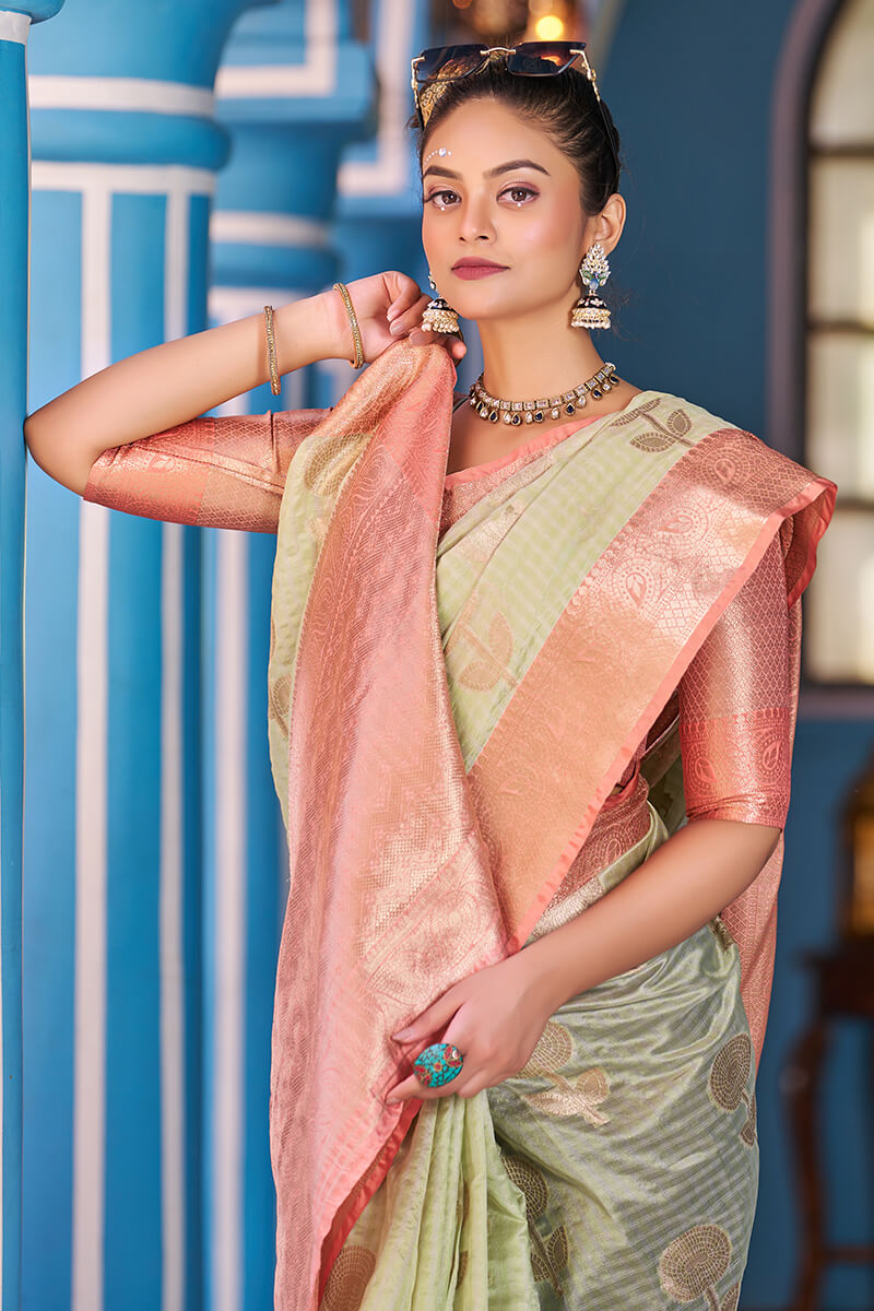 Splendiferous Pista Organza Silk Saree With Amiable Blouse Piece - Colorful Saree