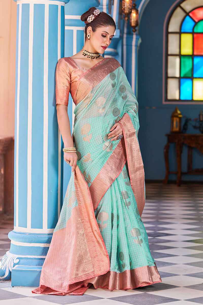 Luxuriant Sea Green Organza Silk Saree With Fantabulous Blouse Piece - Colorful Saree