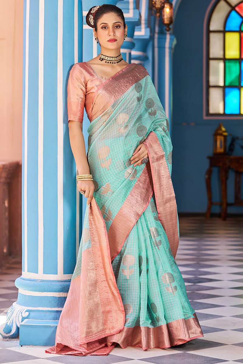 Luxuriant Sea Green Organza Silk Saree With Fantabulous Blouse Piece - Colorful Saree