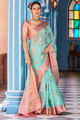 Luxuriant Sea Green Organza Silk Saree With Fantabulous Blouse Piece - Colorful Saree