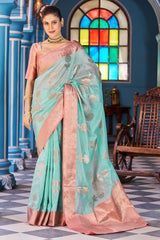 Luxuriant Sea Green Organza Silk Saree With Fantabulous Blouse Piece - Colorful Saree