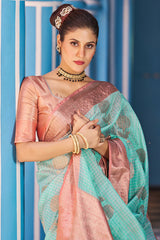 Luxuriant Sea Green Organza Silk Saree With Fantabulous Blouse Piece - Colorful Saree