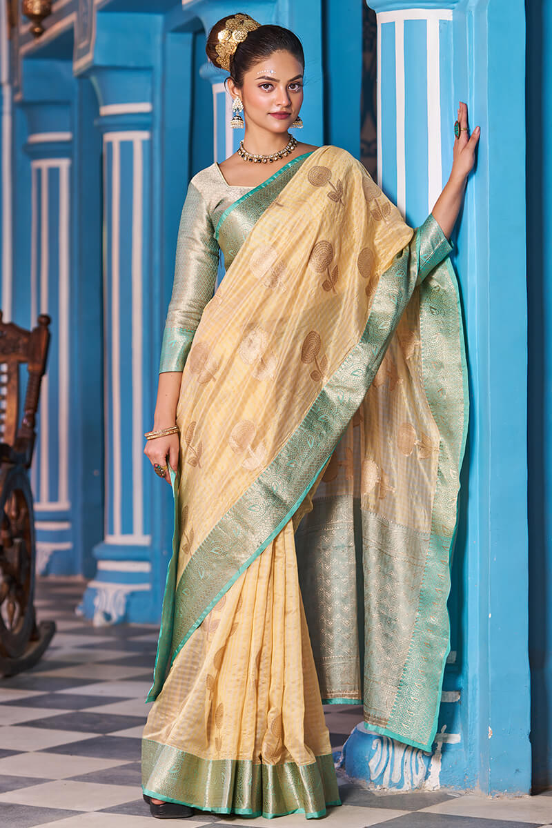 Snappy Yellow Organza Silk Saree With Luxuriant Blouse Piece - Colorful Saree