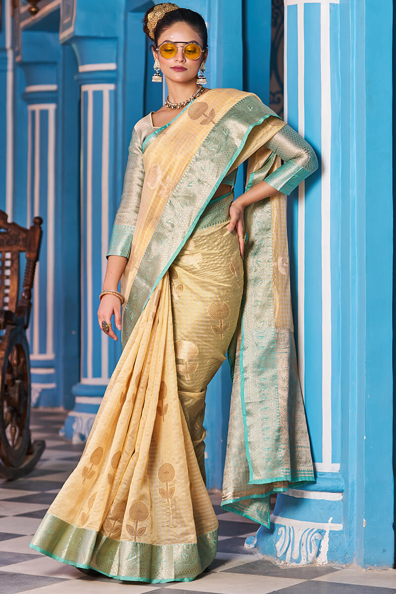 Snappy Yellow Organza Silk Saree With Luxuriant Blouse Piece - Colorful Saree