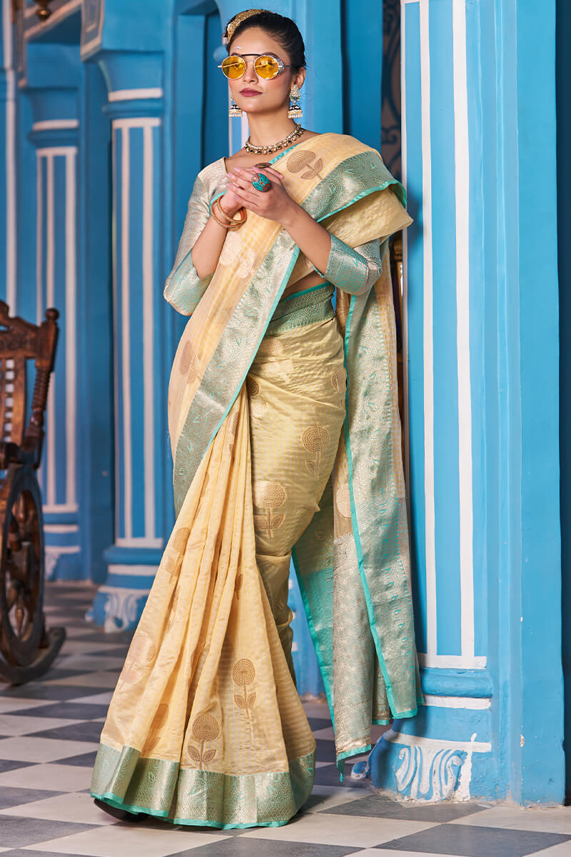 Snappy Yellow Organza Silk Saree With Luxuriant Blouse Piece - Colorful Saree