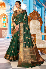 Blooming Dark Green Banarasi Silk Saree With Ethnic Blouse Piece - Colorful Saree