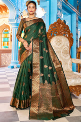 Blooming Dark Green Banarasi Silk Saree With Ethnic Blouse Piece - Colorful Saree