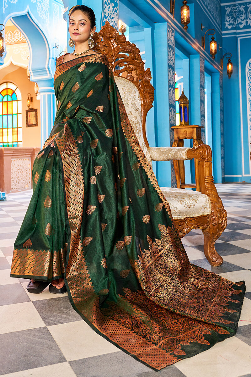 Blooming Dark Green Banarasi Silk Saree With Ethnic Blouse Piece - Colorful Saree