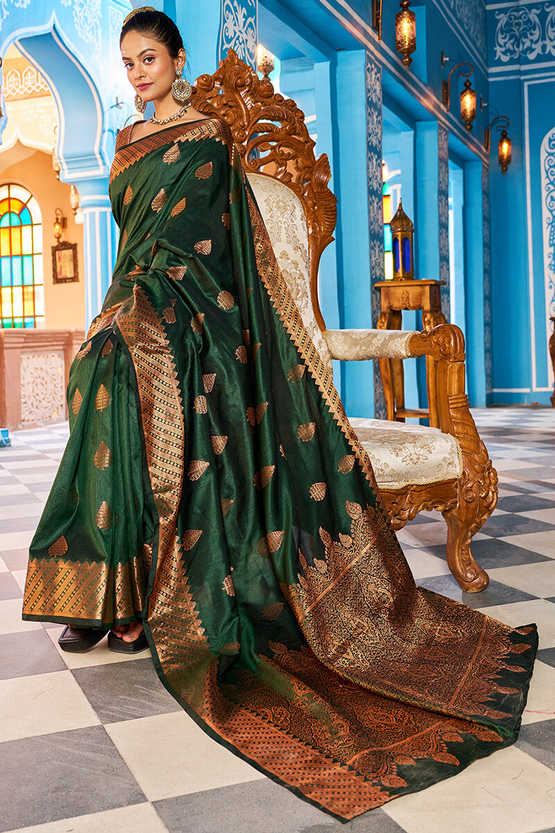 Blooming Dark Green Banarasi Silk Saree With Ethnic Blouse Piece - Colorful Saree