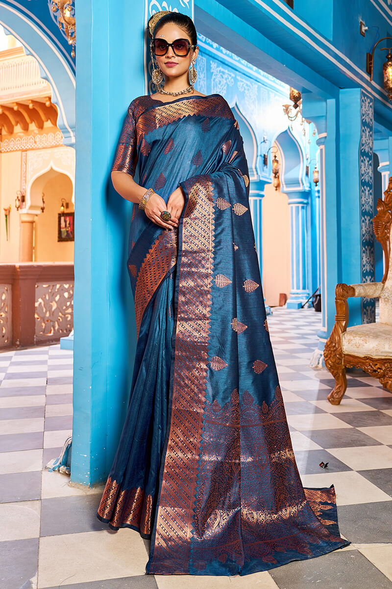 Hypnotic Navy Blue Banarasi Silk Saree With Stylish Blouse Piece - Colorful Saree