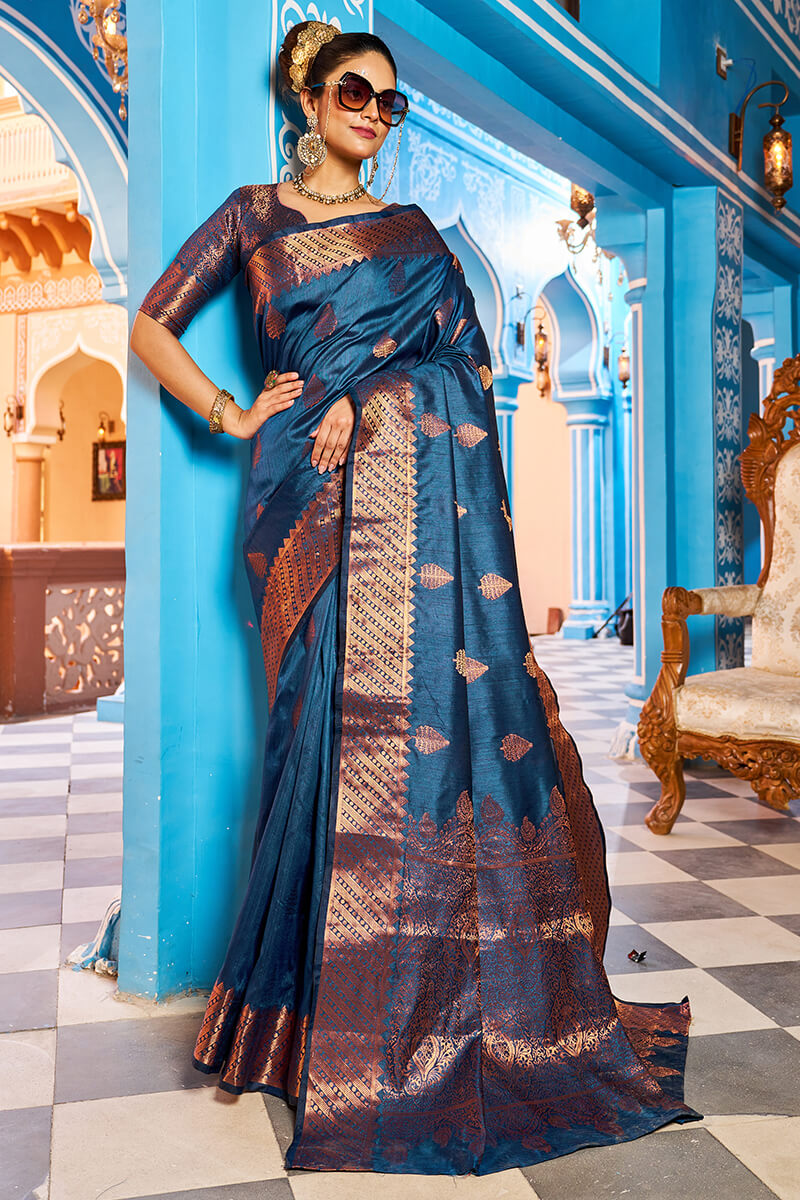 Hypnotic Navy Blue Banarasi Silk Saree With Stylish Blouse Piece - Colorful Saree