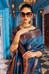 Hypnotic Navy Blue Banarasi Silk Saree With Stylish Blouse Piece - Colorful Saree