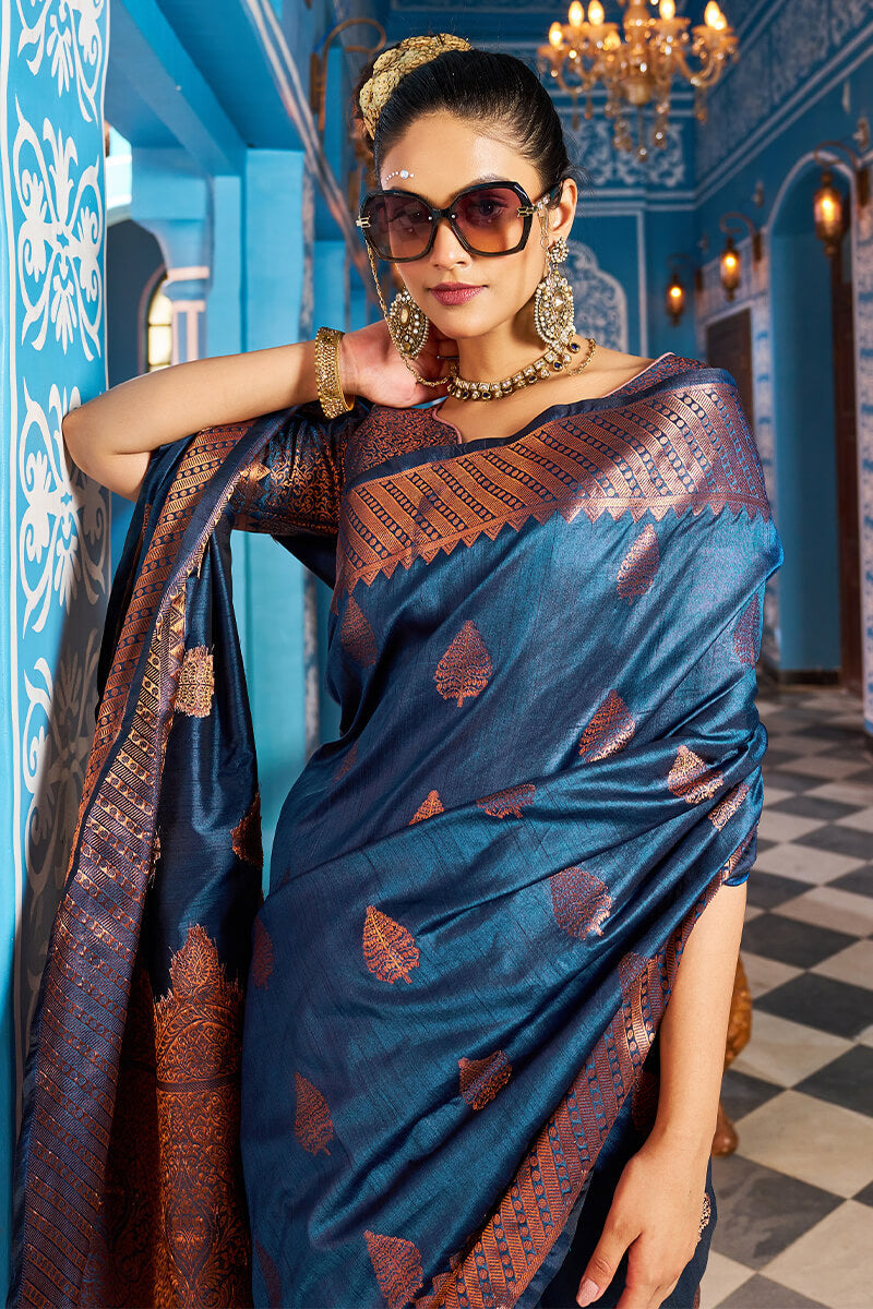 Hypnotic Navy Blue Banarasi Silk Saree With Stylish Blouse Piece - Colorful Saree