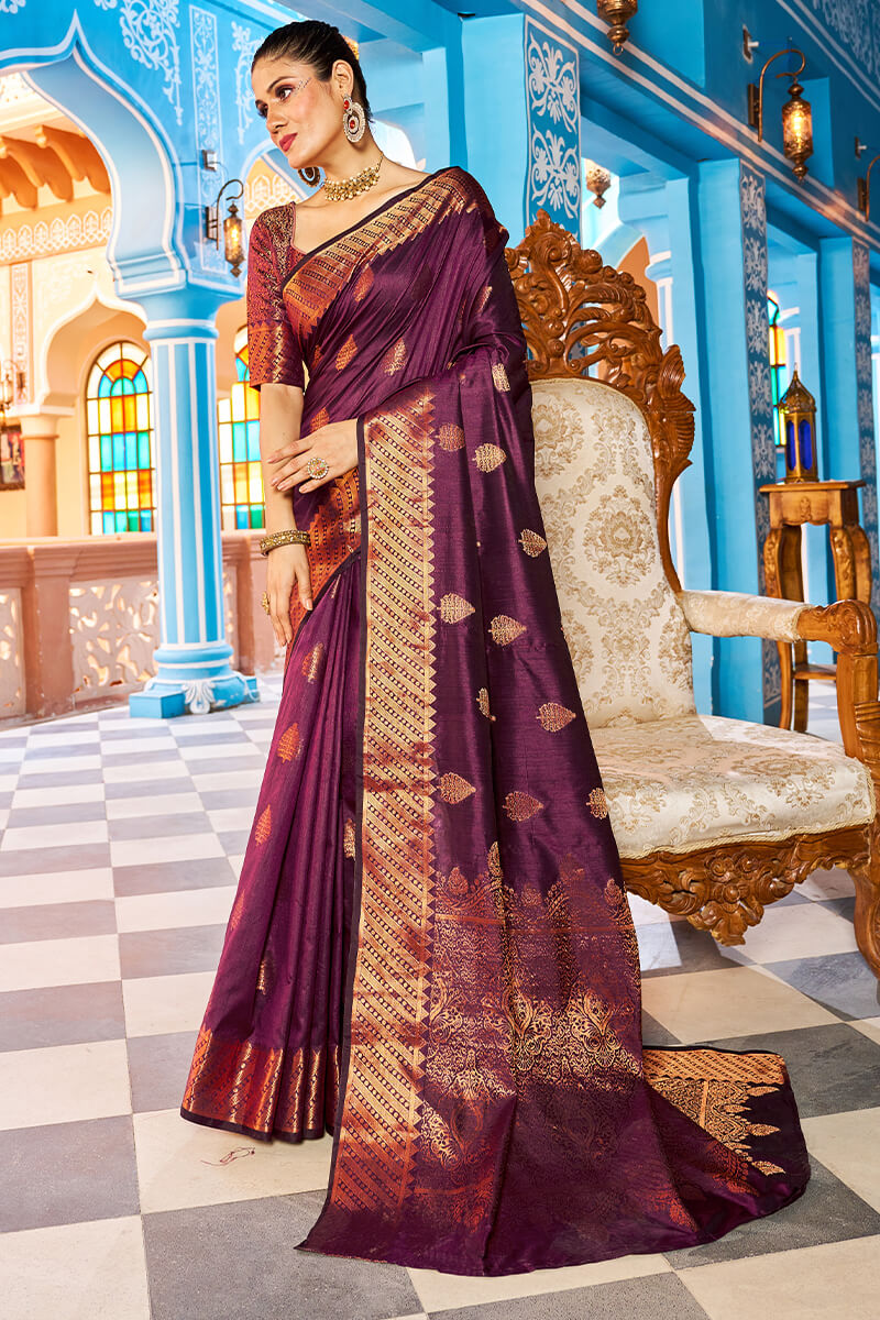 Radiant Purple Banarasi Silk Saree With Exceptional Blouse Piece - Colorful Saree